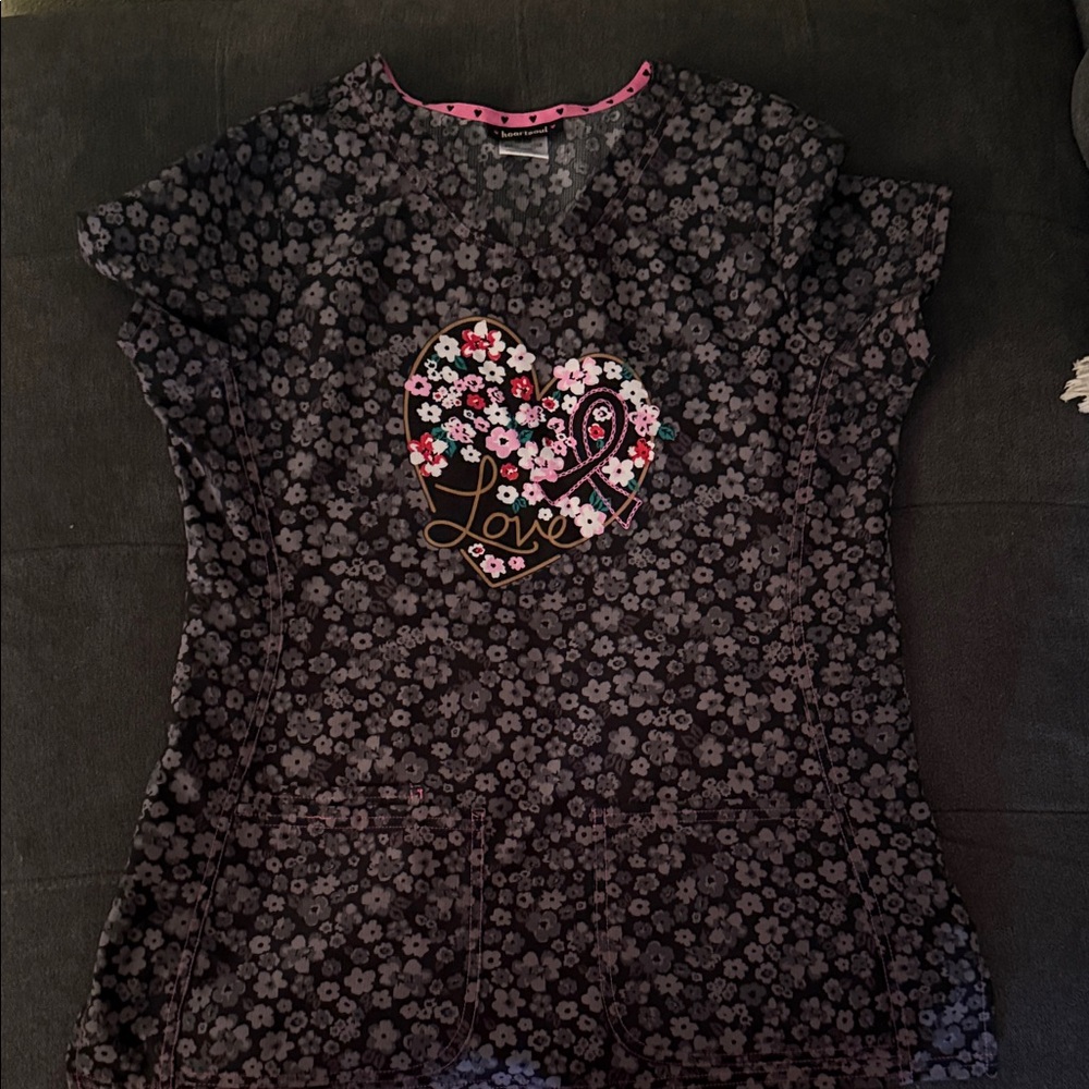 HeartSoul Black and Pink Floral Scrub Top